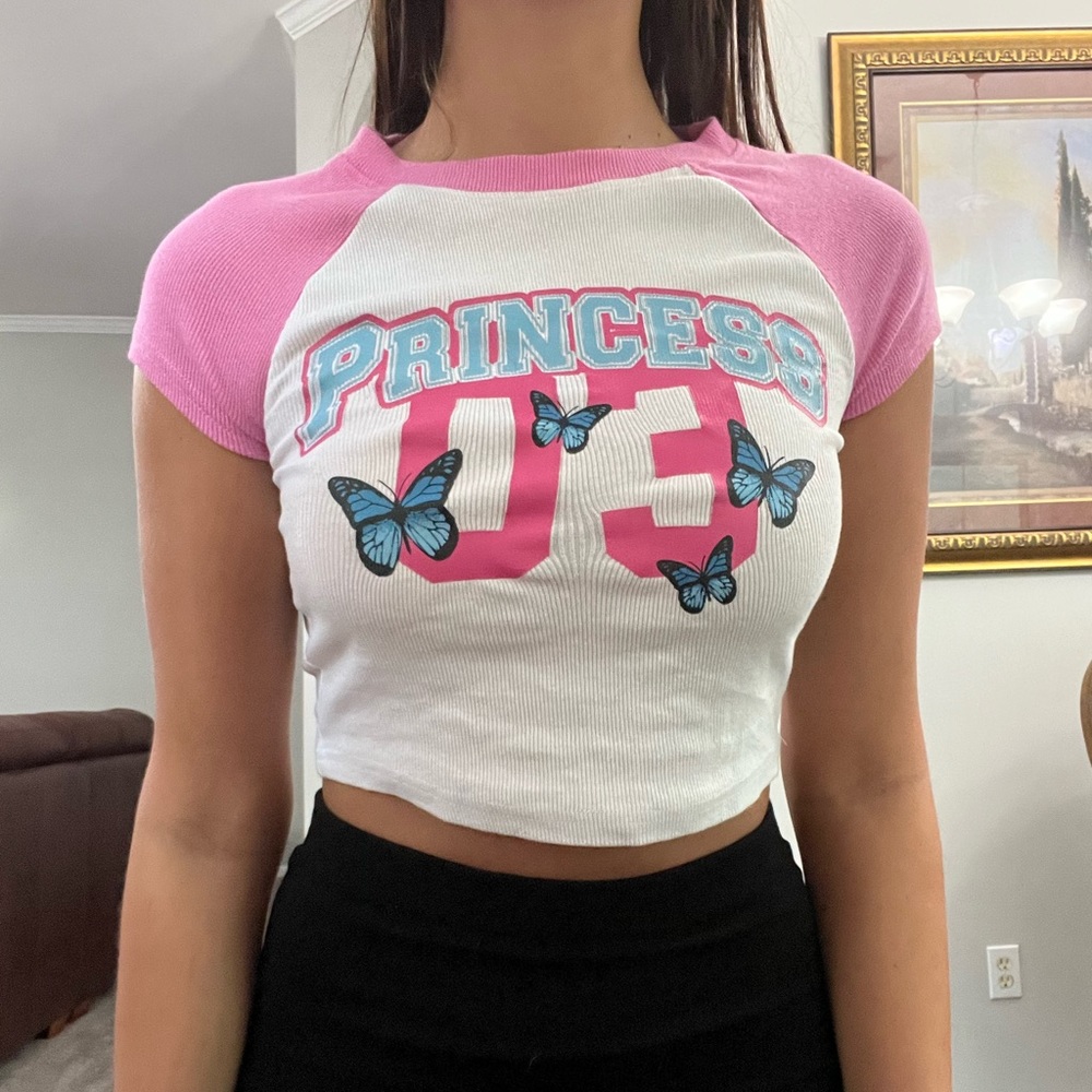 Pink and White Princess Butterfly Jersey Tee Crop Top